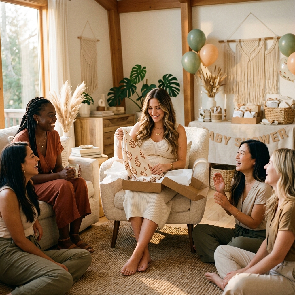 Modern baby shower with a mother unwrapping a sustainable cotton swaddle gift