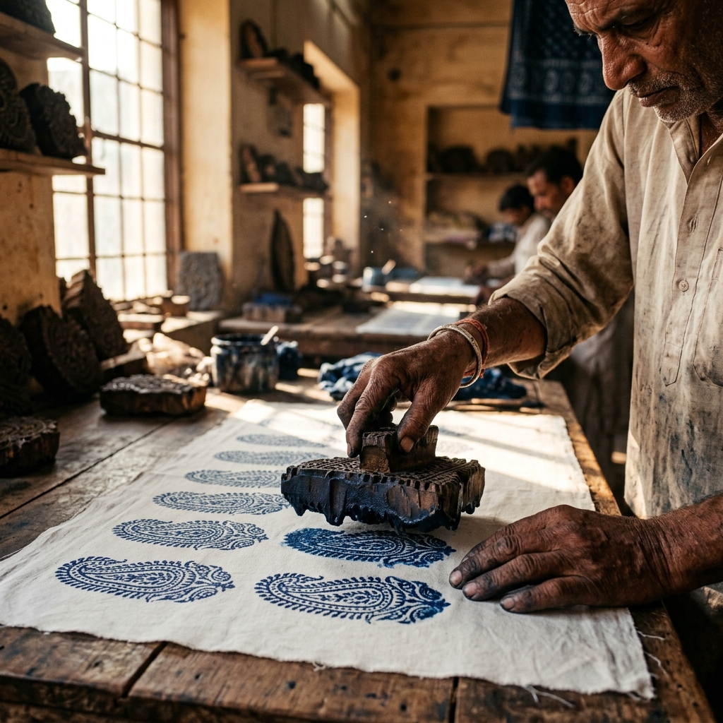 Indian artisan hand-stamping a wooden block onto cotton fabric