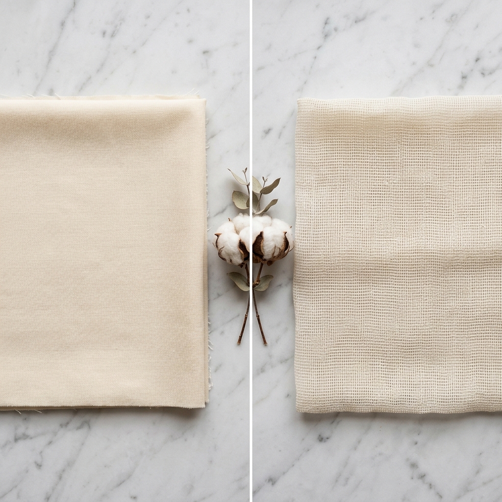 Side by side comparison of dense cotton weave and open muslin weave