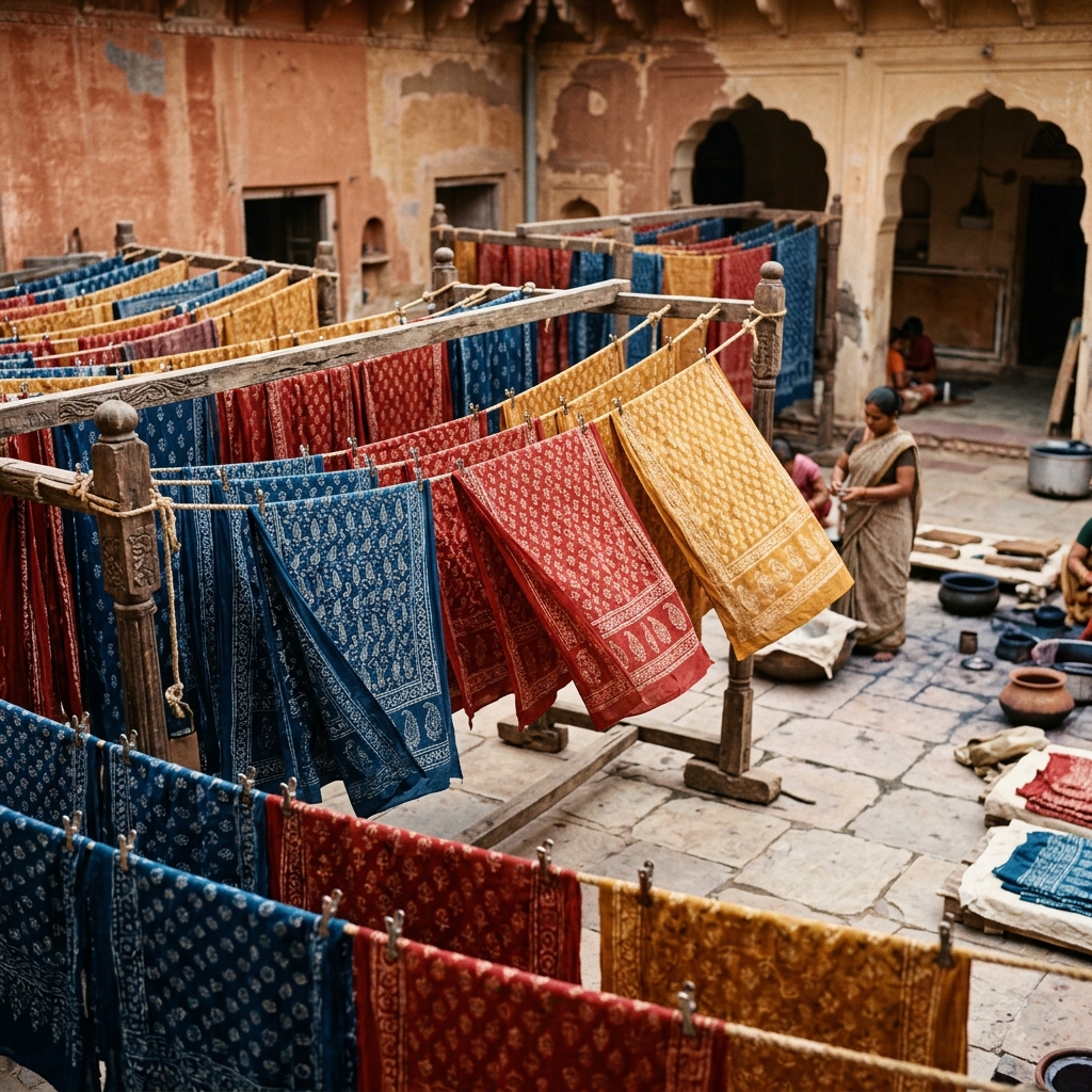 Block-printed cotton fabrics drying in the open air at a Rajasthani workshop