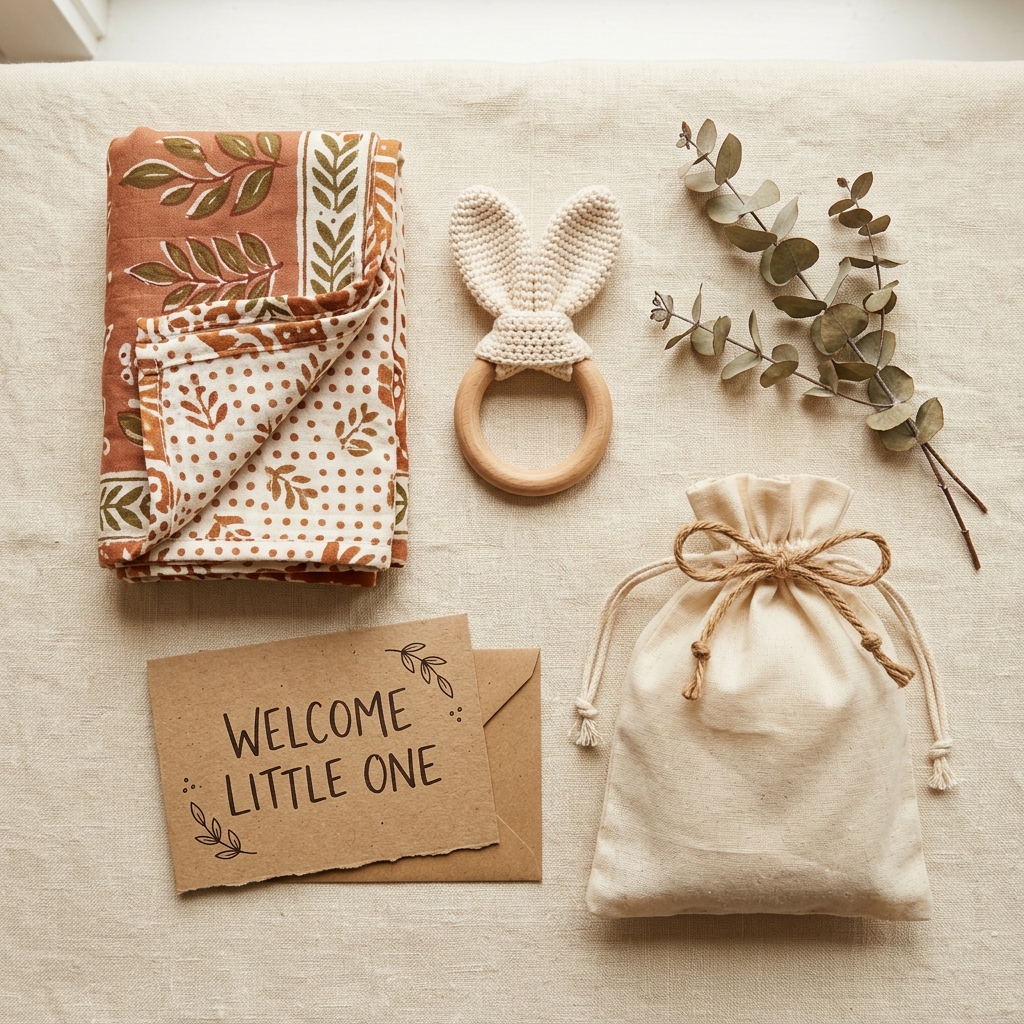 Curated sustainable baby gift arrangement with cotton swaddle and natural accessories