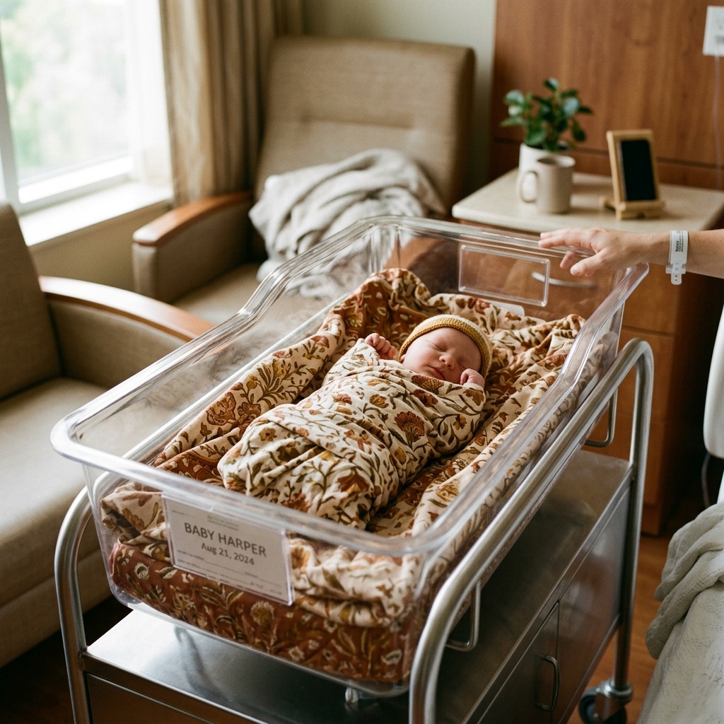Clear acrylic hospital bassinet lined with a warm block-print cotton swaddle