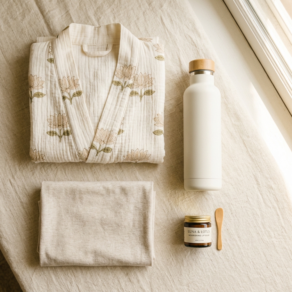 Curated hospital bag essentials including a robe and swaddle