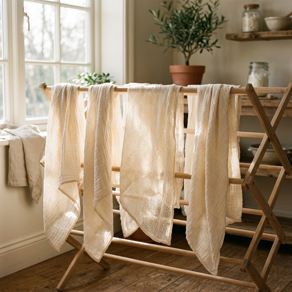 Cotton muslin swaddles drying on a wooden rack in the sun