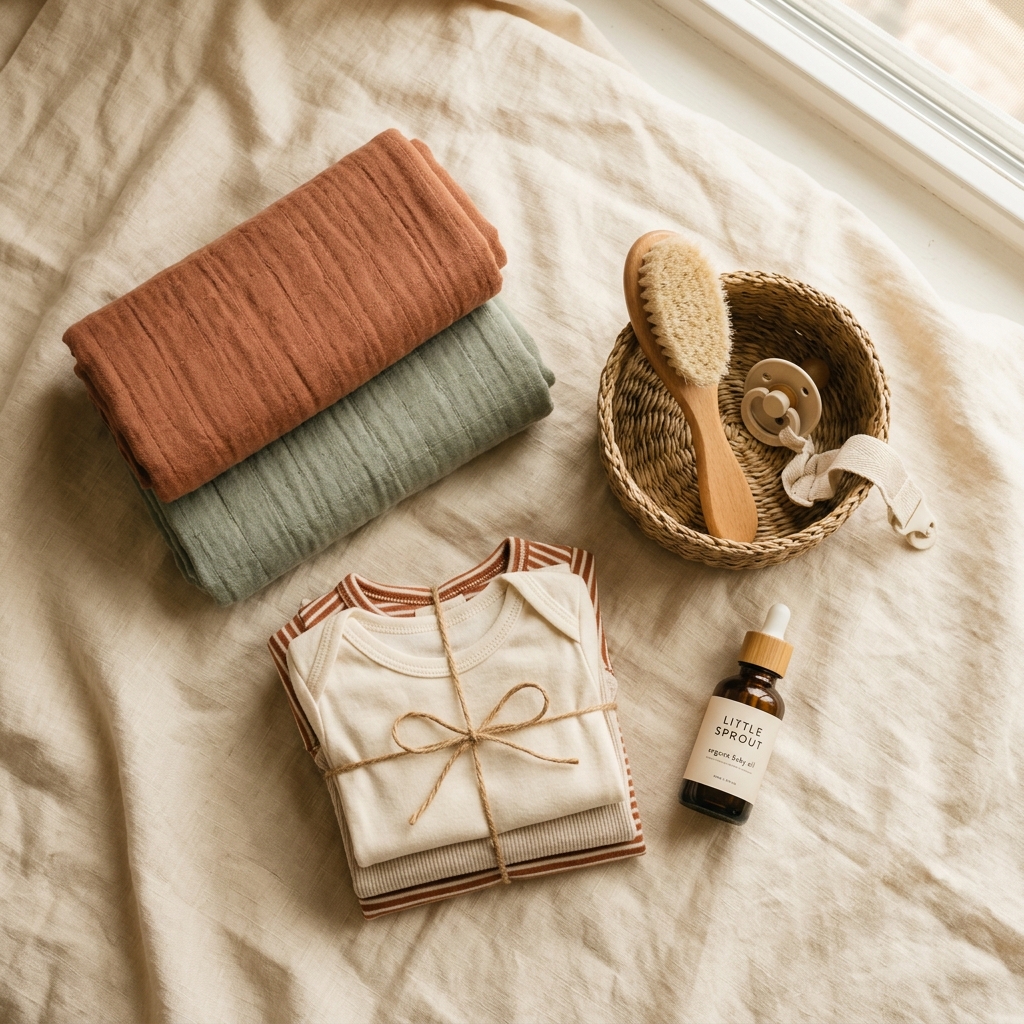 Curated collection of essential nursery items in natural materials