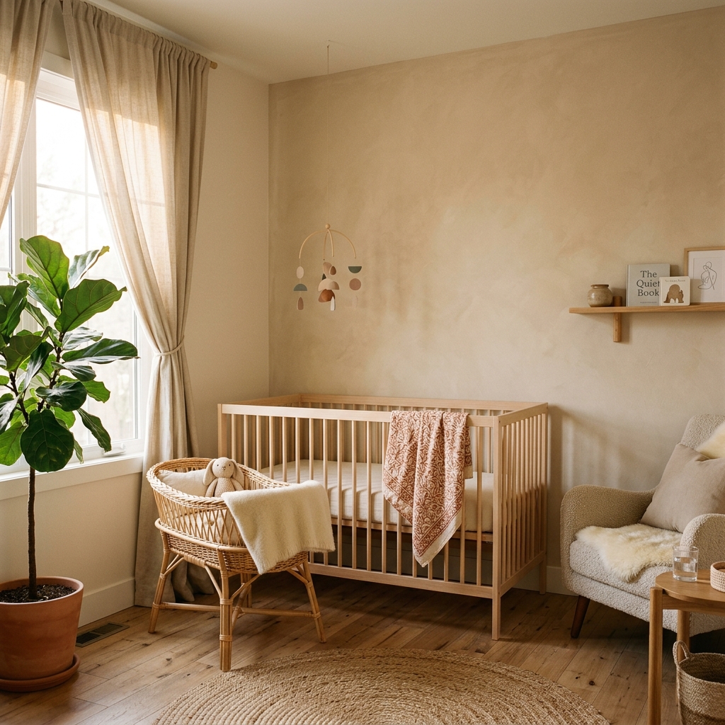 Serene minimalist nursery with natural wood furniture and cotton textiles
