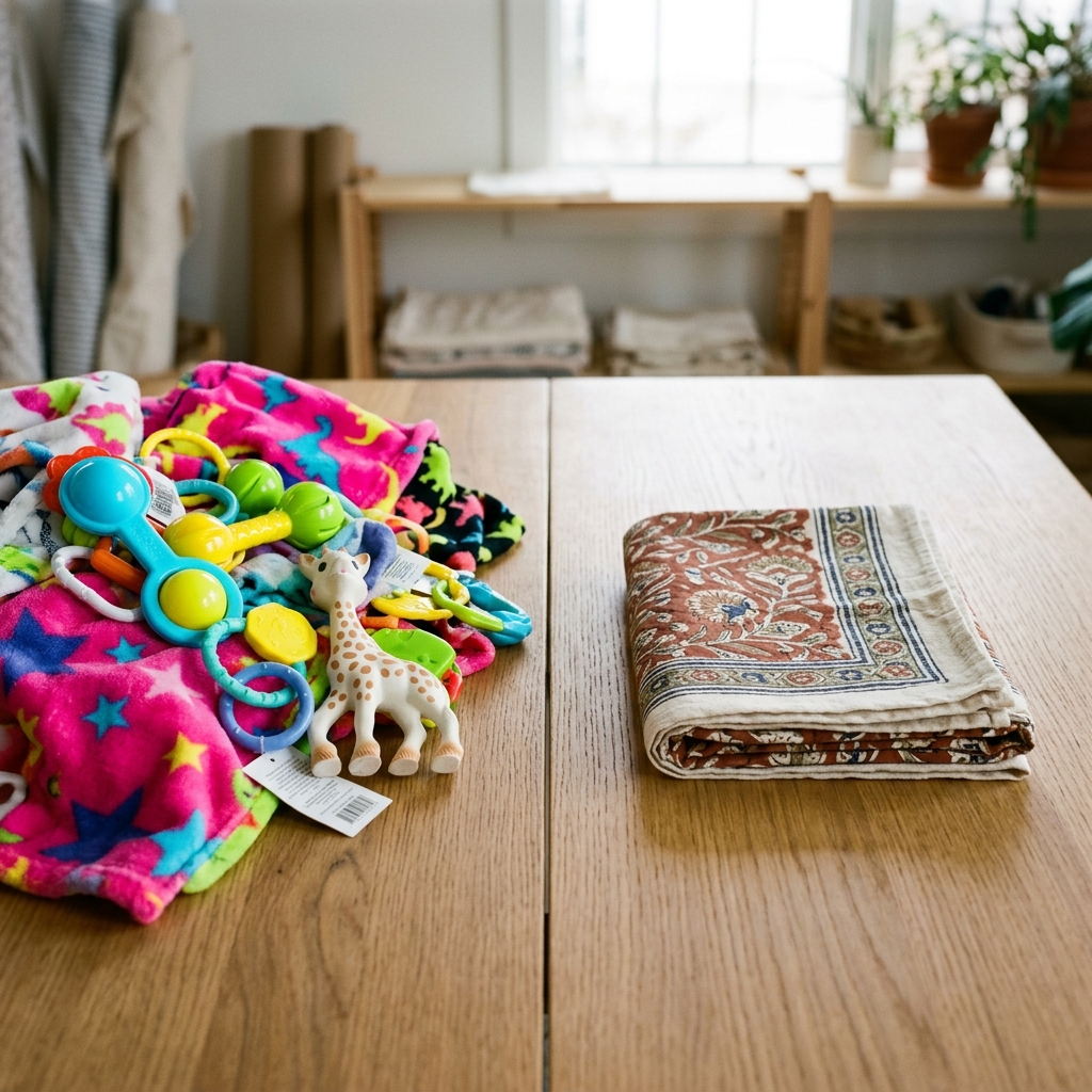 Contrast between disposable plastic baby products and a sustainable cotton swaddle