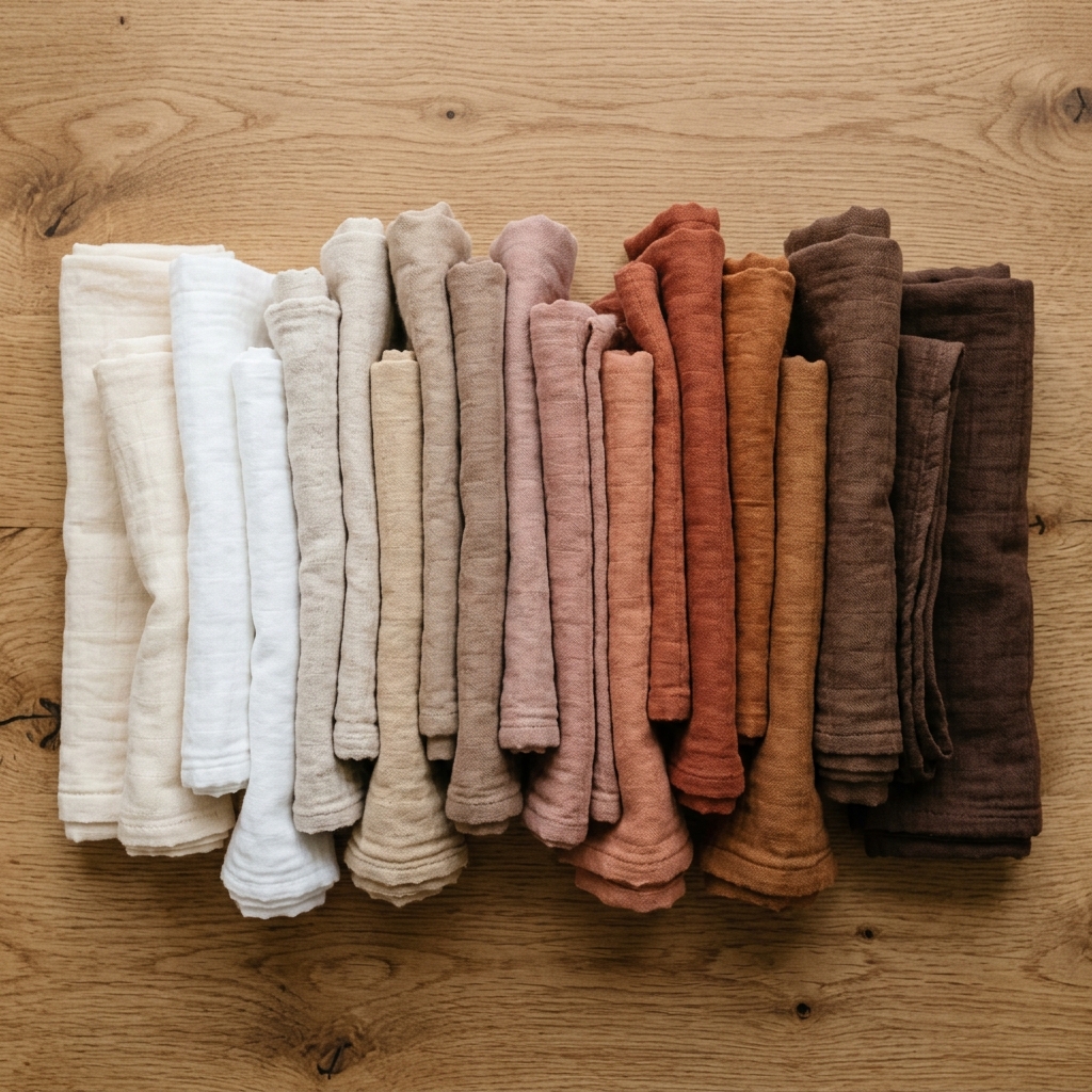 Flat-lay of cotton swaddles arranged by weight from summer to winter