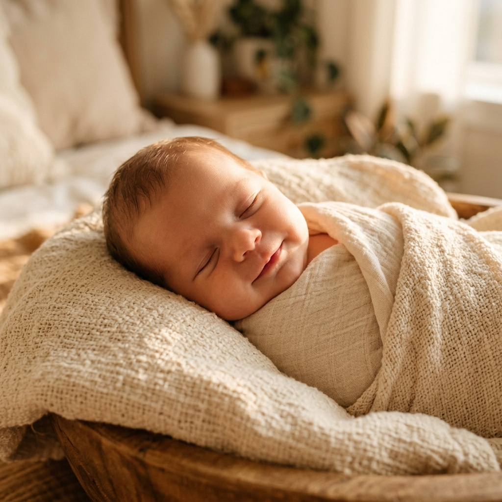 Serene newborn baby resting on natural cotton