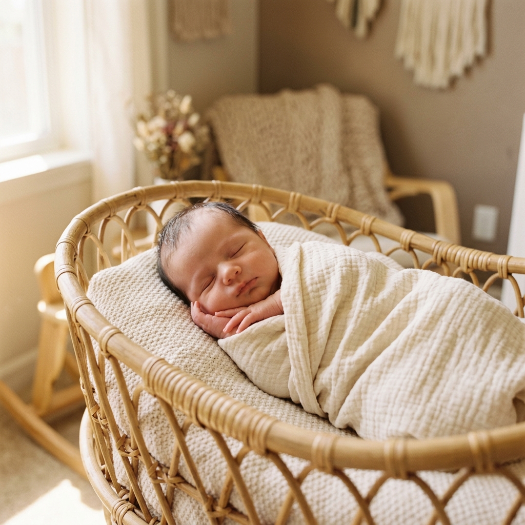 Peacefully sleeping newborn wrapped in a muslin swaddle