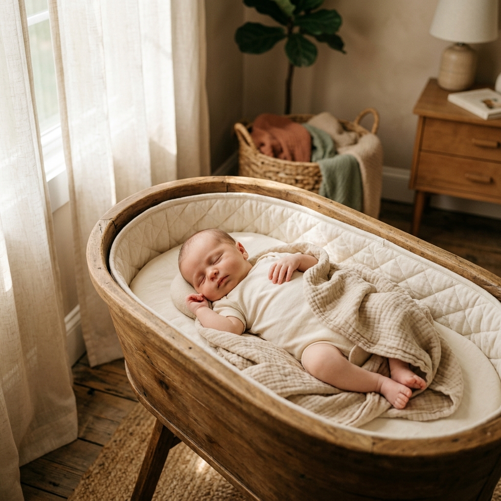 Peacefully sleeping newborn in bassinet with light muslin swaddle in summer light