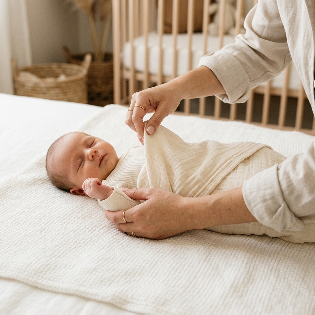 Mother's hands wrapping a cotton swaddle around a newborn baby