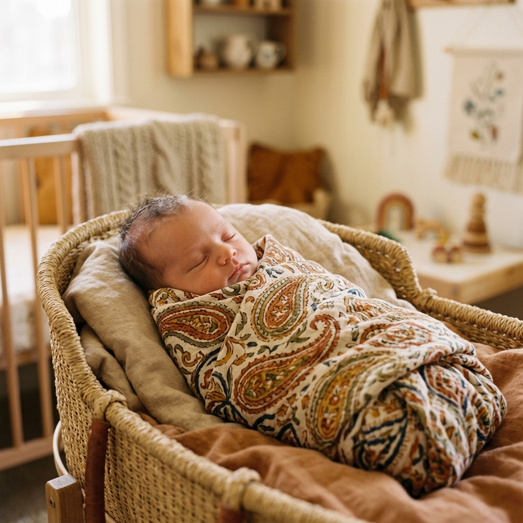 Perfectly swaddled newborn sleeping peacefully in a block-printed cotton swaddle