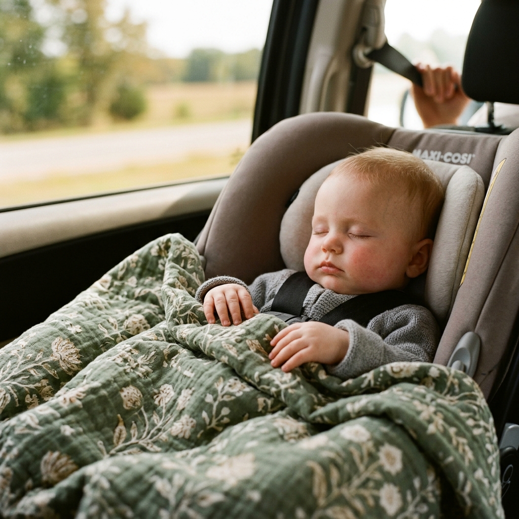Sleeping baby in car seat with a hand-block-printed muslin blanket