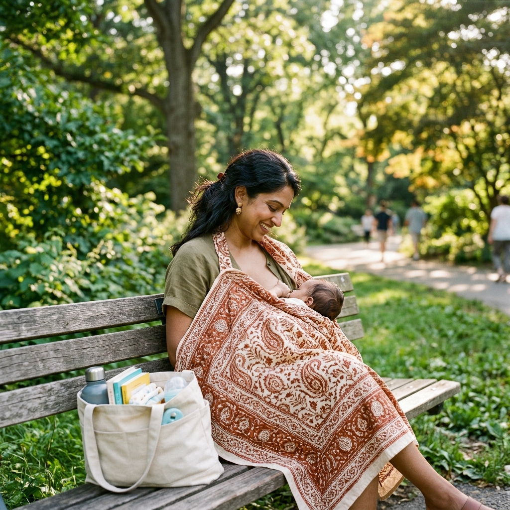 Mother nursing a baby outdoors using a hand-block-printed cotton nursing cover