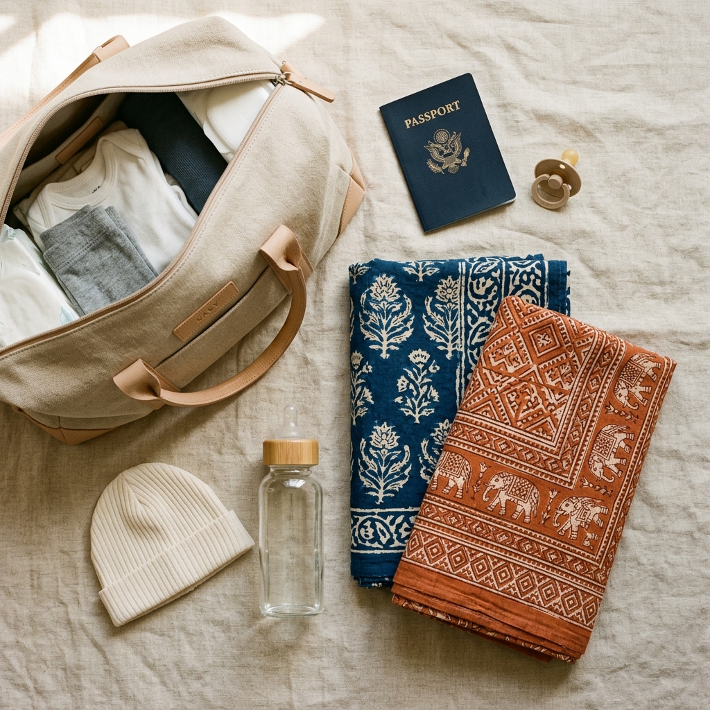 Minimalist flat-lay of a newborn travel bag with cotton swaddles and essentials