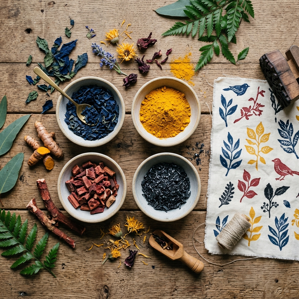 Natural vegetable dye ingredients including indigo, turmeric, and madder root